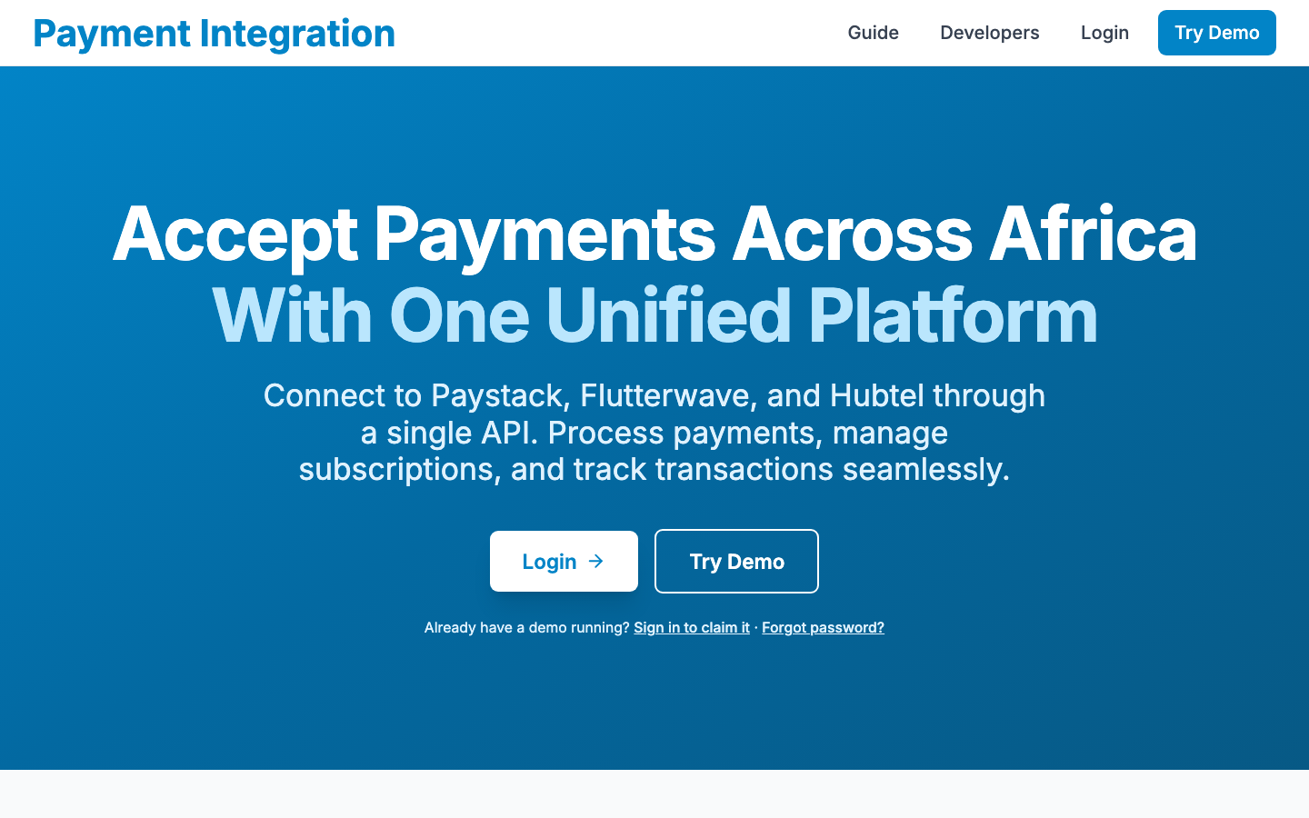 Landing page with Try Demo and Login buttons