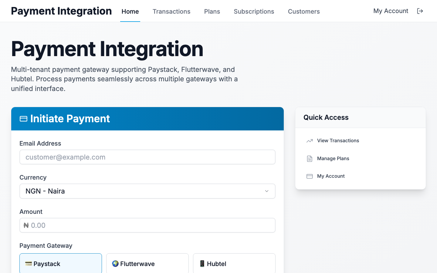 Dashboard view showing transactions table and side navigation