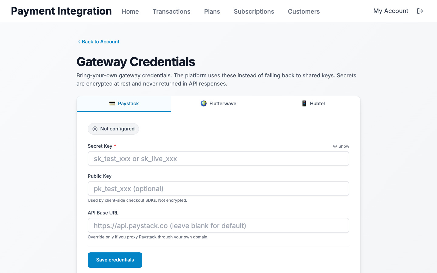Gateway credentials page in 'Not configured' state
