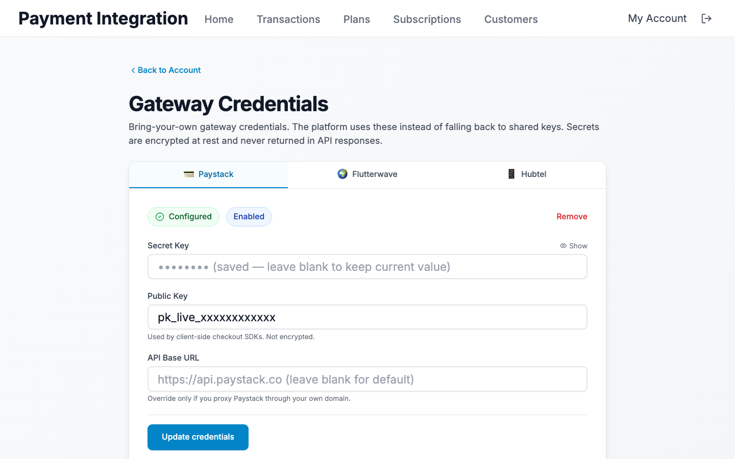 Paystack credential form filled in