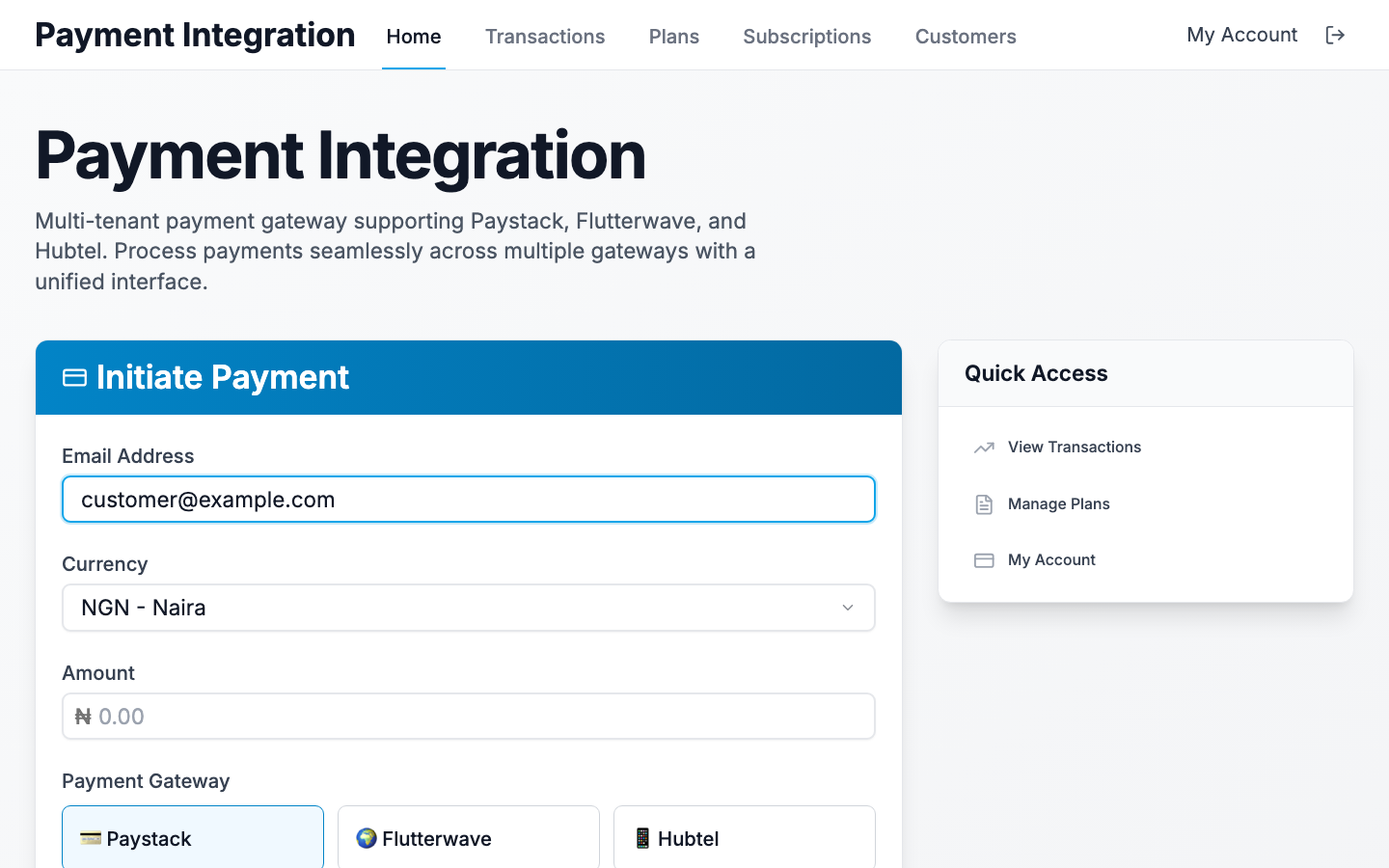 Payment initiation form filled with test values