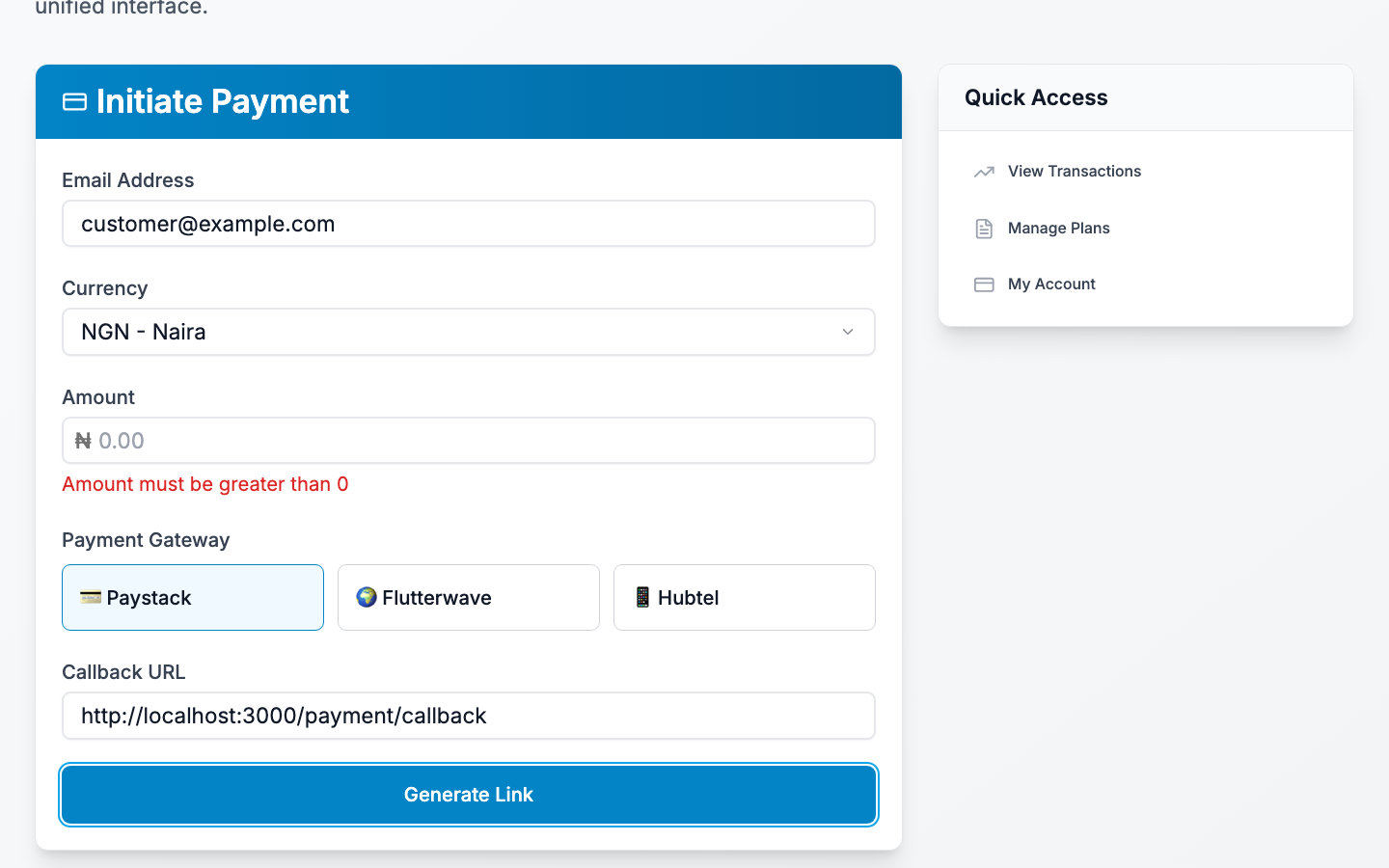 Generated payment link with copy and email buttons