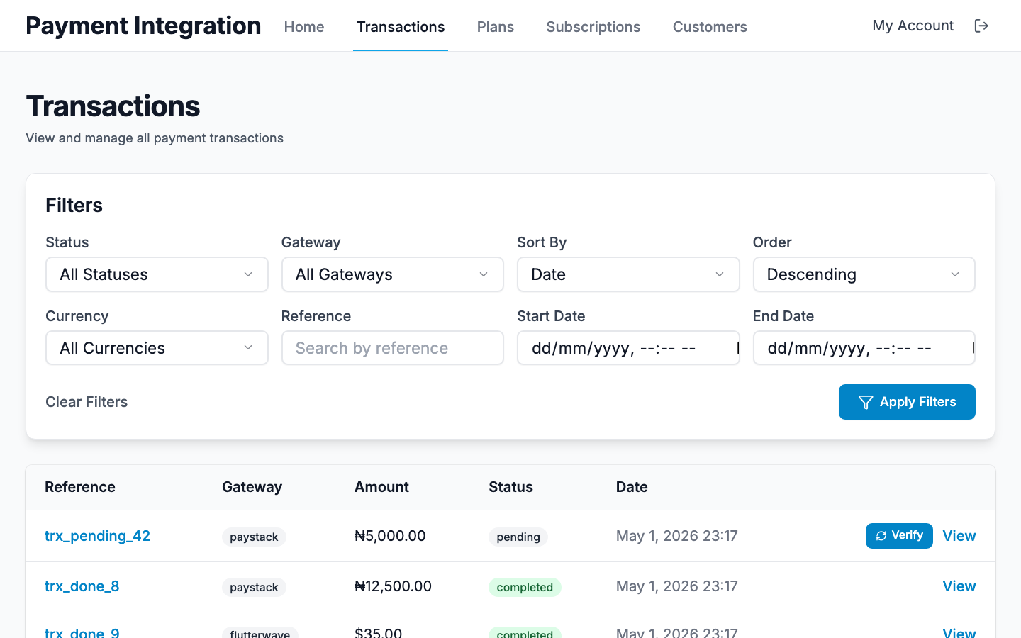 Transactions table with a Verify button on a pending row