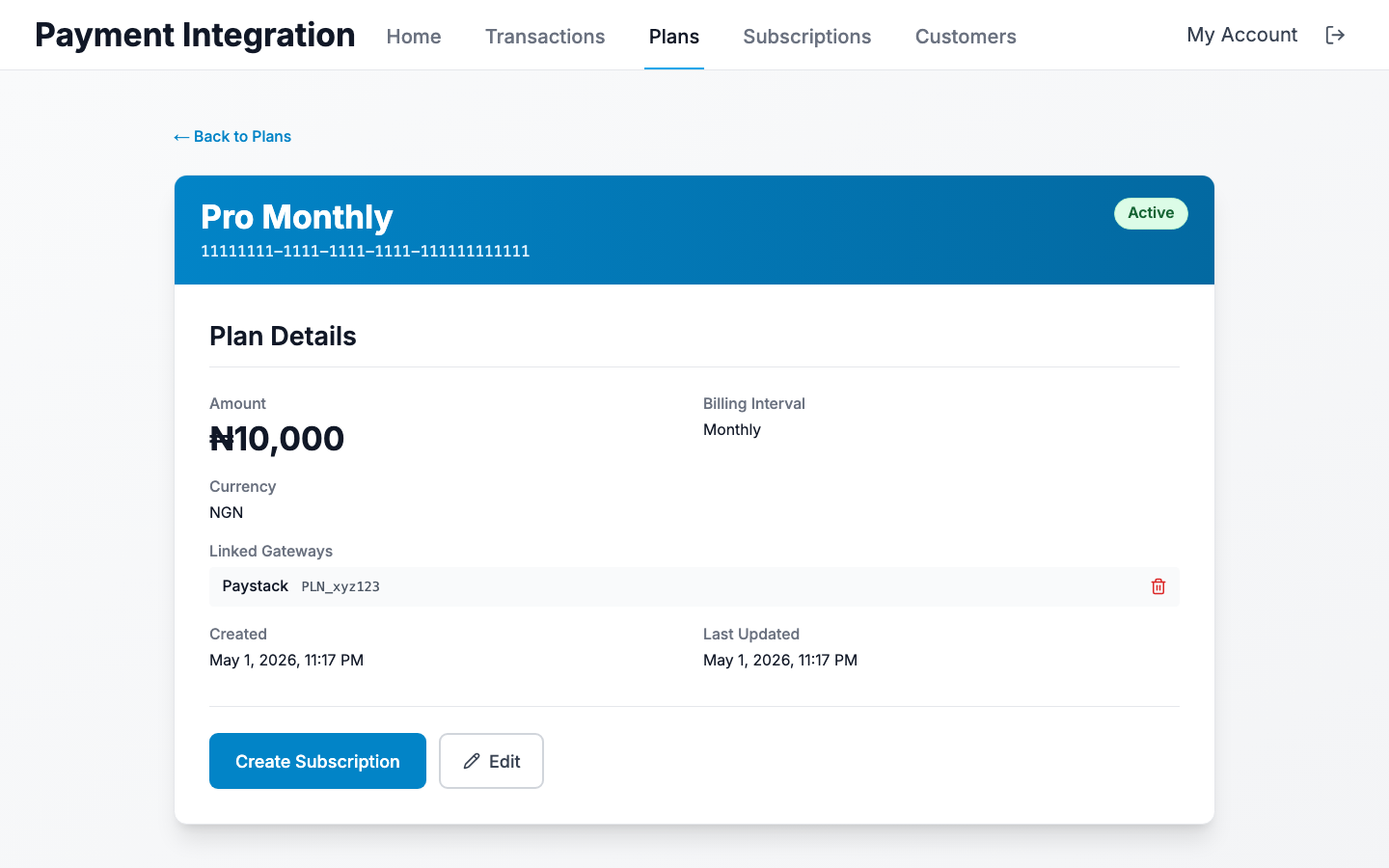 Plan detail page with linked gateway codes and edit button