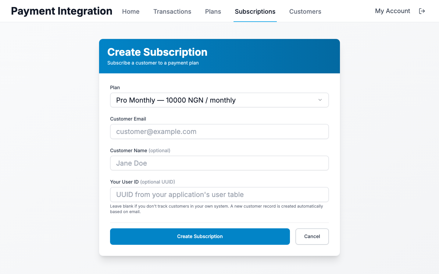 Subscription create form with plan picker